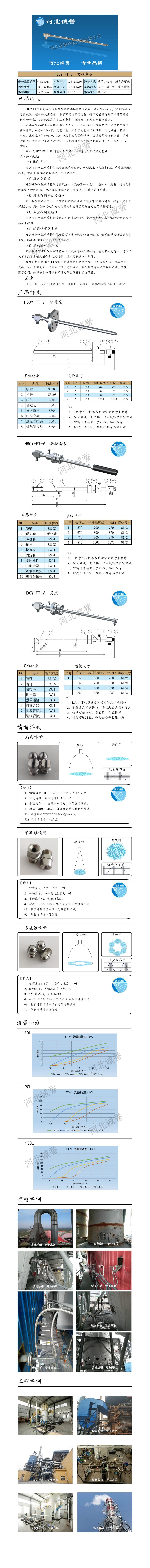 FT-V脫硝噴槍、保護(hù)套、噴槍參數(shù)、材質(zhì)尺寸、流量分布圖、扇形空心錐俯視圖介紹，以及噴槍霧化視頻展示和工程案例介紹