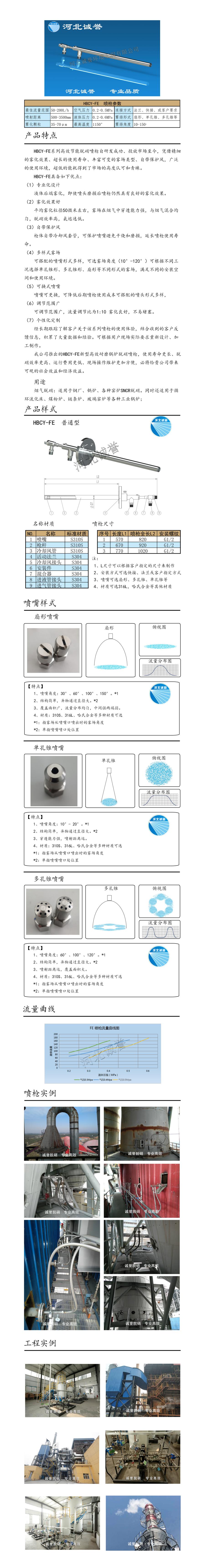 氨水噴槍、保護(hù)套、噴槍參數(shù)、材質(zhì)尺寸、流量分布圖、扇形空心錐俯視圖介紹，以及噴槍霧化視頻展示和工程案例介紹